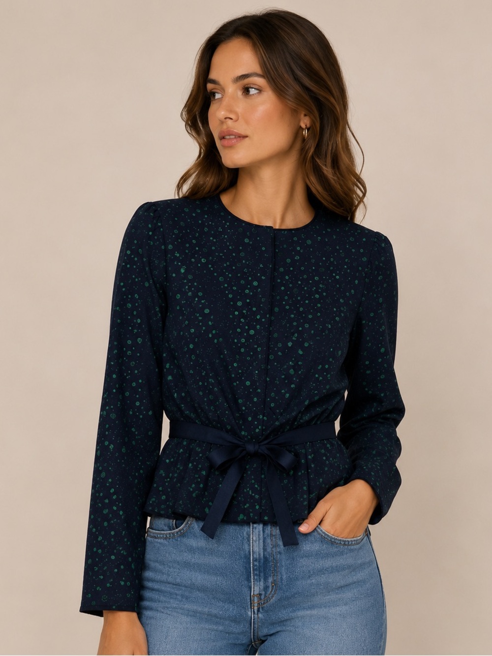 Vintage POSH by Jay Anderson Metallic Jacquard Peplum Party Jacket Navy Green S
